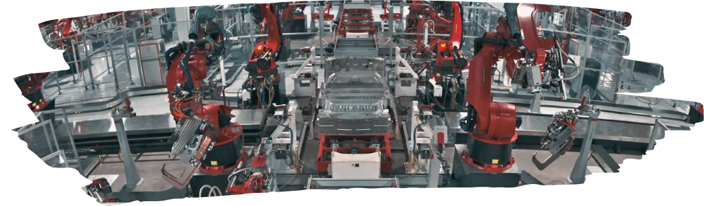 Industrial robot arms on an automotive assembly line